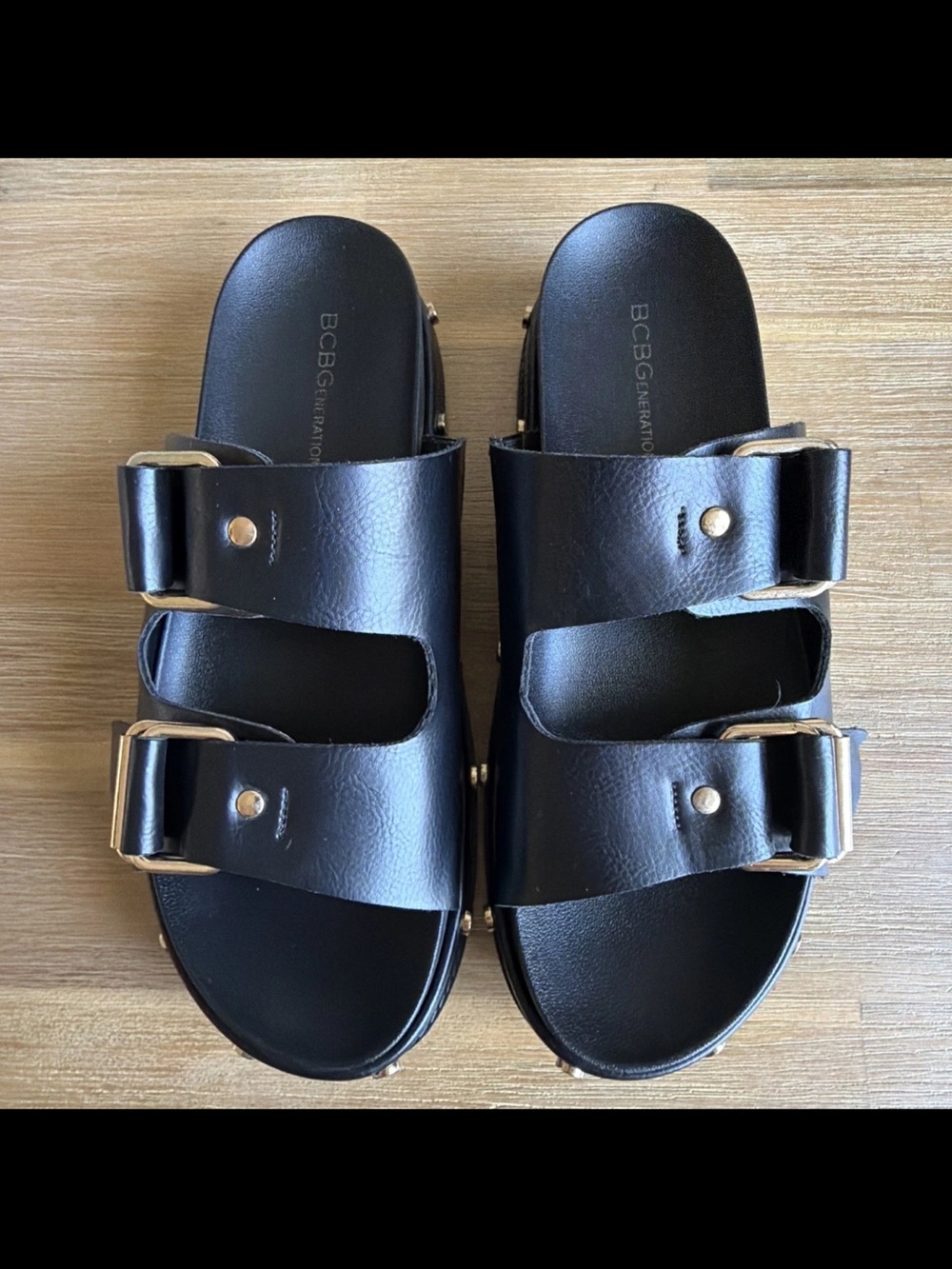 BCBG Platform Sandals  Generation Bamba Women's Size 9.5 Black with Gold Studs - Picture 6 of 12